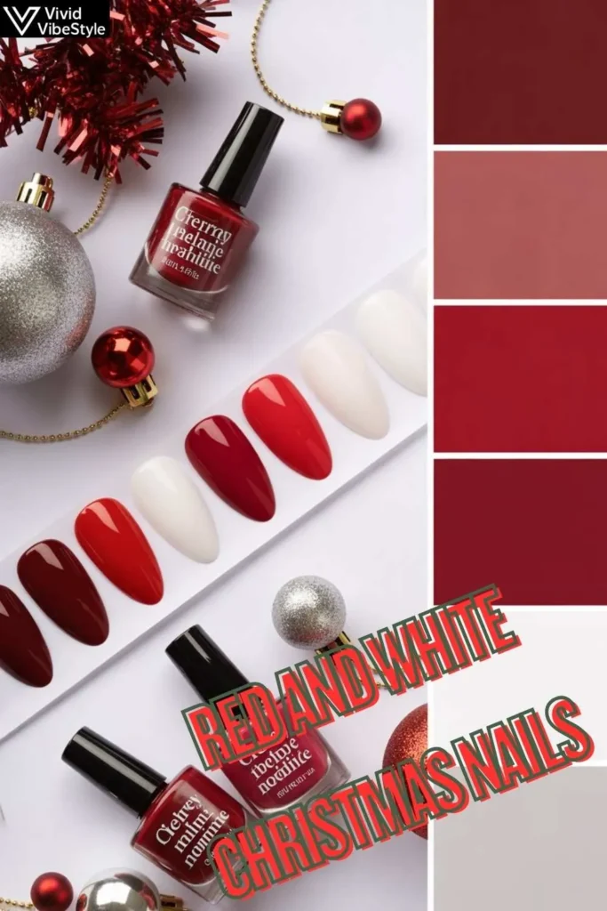 Red and White Christmas Nails: 50+ Classic Holiday Designs Now 2 2025 red and white Christmas nails color palette with nail polish swatches in ruby red, cherry red, pure white, and silver metallic