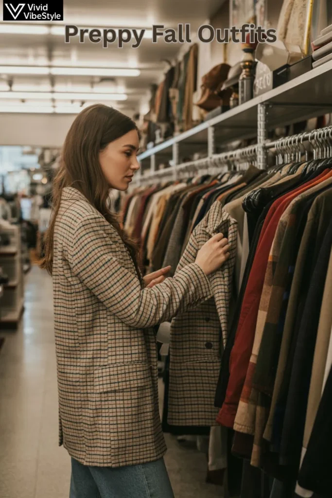 Woman shopping for a plaid blazer in a vintage store to build budget-friendly preppy fall outfits.