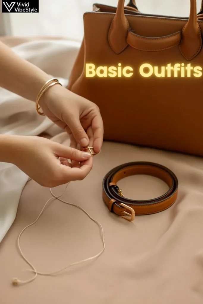 Minimalist accessories including a leather belt, gold bracelet, and structured handbag styled to elevate basic outfits