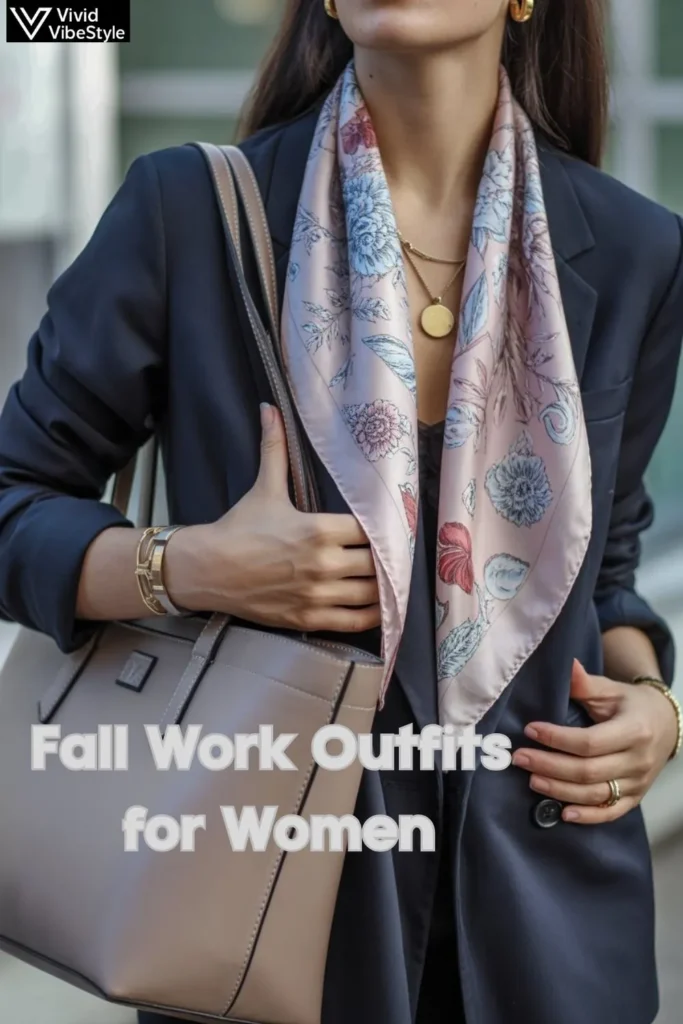 Silk scarf and leather tote elevating fall work outfits for women in a business casual setting