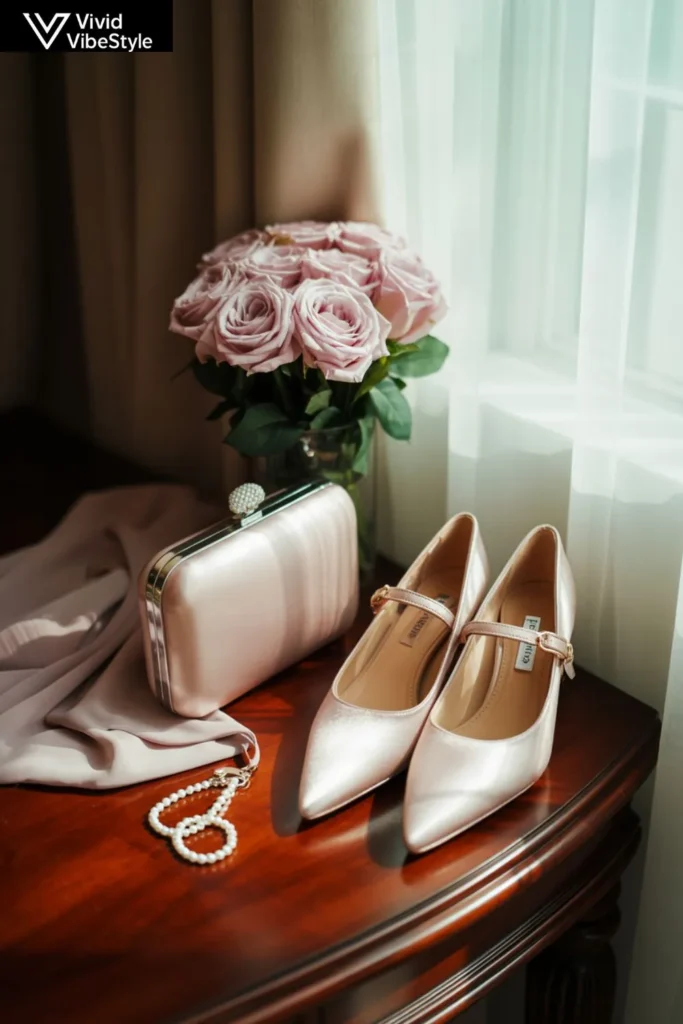 Pearl jewelry, clutch purse, and block heels complementing summer wedding guest outfits