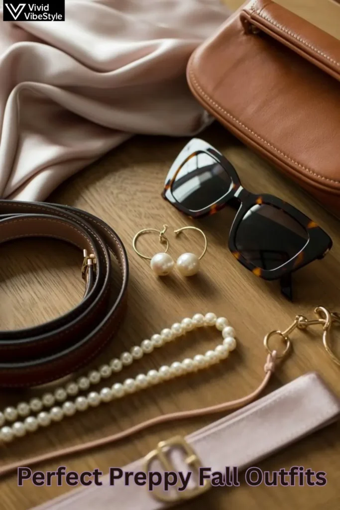 Accessories including pearl earrings, silk scarf, and handbag to complete preppy fall outfits