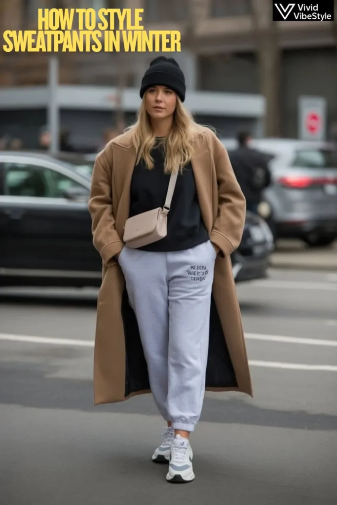 Street style outfit featuring gray sweatpants with a long coat, sneakers, crossbody bag, and beanie for a chic winter look