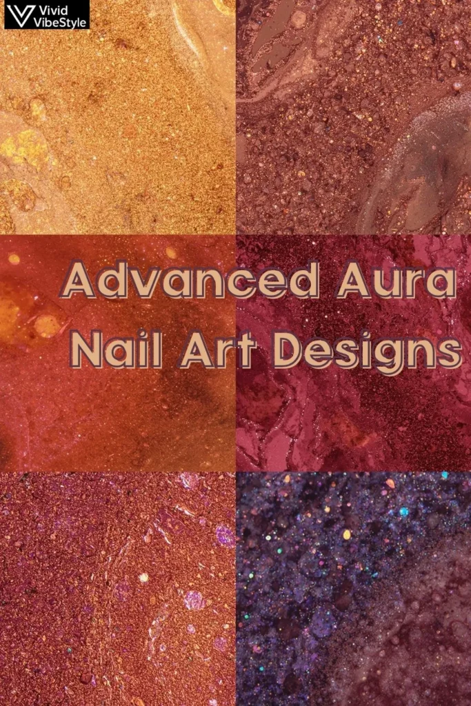 Advanced fall aura nail art with shimmer effects, holographic powders, and layered autumn gradients in amber, copper, and plum