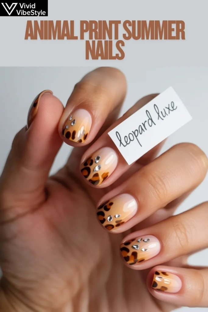 Close-up of advanced animal print summer nails with layered leopard design and rhinestone accents