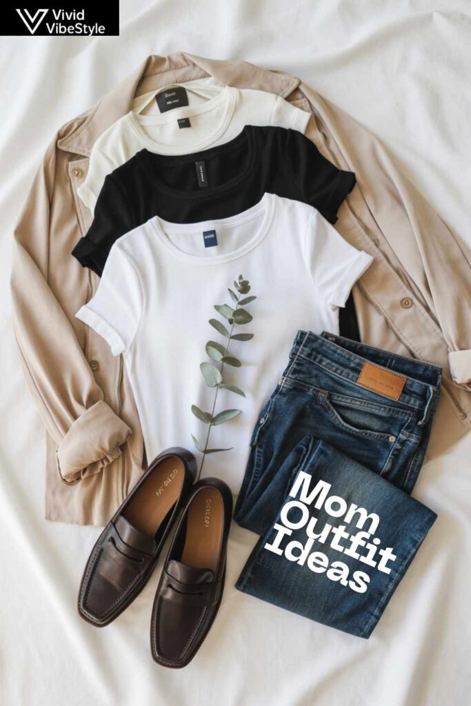 Flat lay of affordable mom wardrobe staples including neutral tees, jeans, and versatile shoes — essential pieces for daily styling
