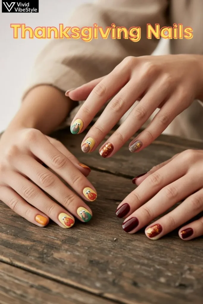 Thanksgiving nail styles for all ages: cartoon turkey designs for kids, glittery autumn nails for teens, and elegant burgundy with gold accents for adults