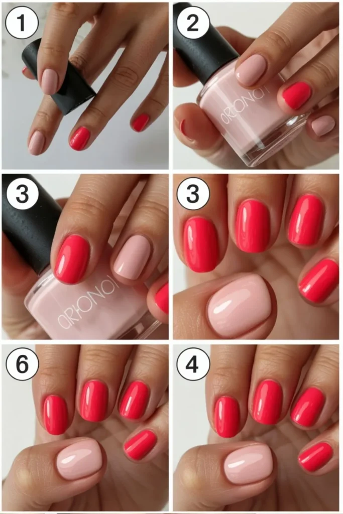 Step-by-step nail polish application of vibrant summer nails with base coat and glossy finish