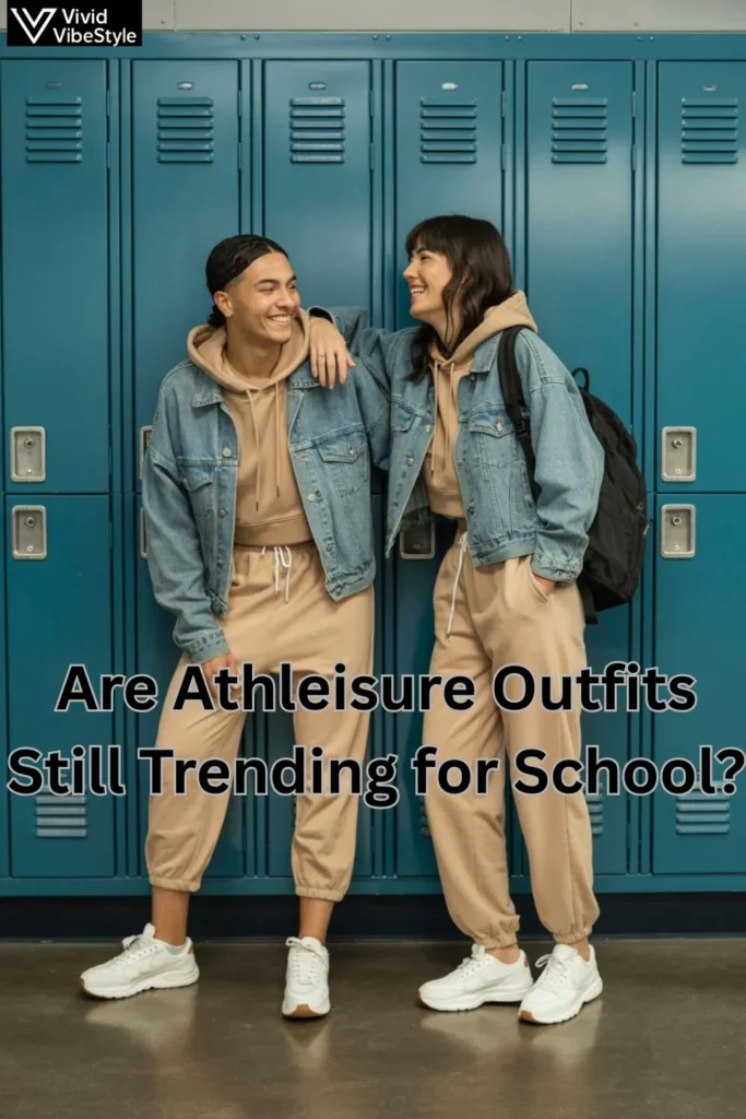 Students wearing trendy athleisure back to school outfits with joggers, cropped hoodies, denim jackets, and sneakers in a school hallway