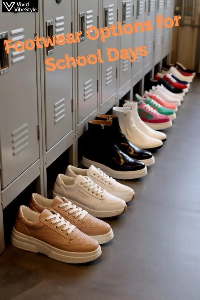 Different footwear options for back to school outfits including platform sneakers, white trainers, ankle boots, and colorful sneakers by school lockers