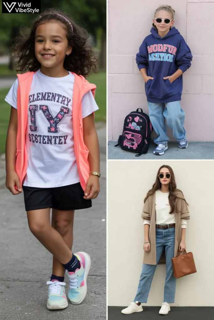 Collage showing age-appropriate back to school outfits for elementary students with playful colors, middle schoolers with hoodies and accessories, and high school students in chic layered outfits