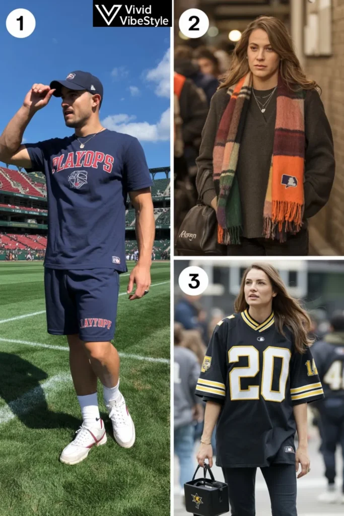 Collage of women’s baseball outfits for day games, evening games, and playoff stadium experiences