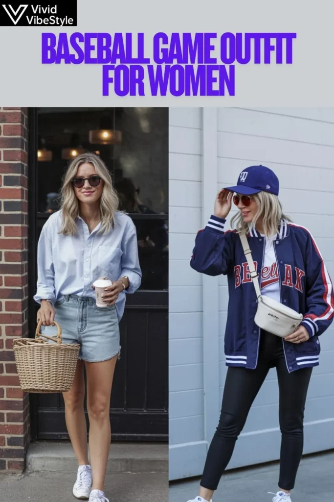 Comparison of casual women’s outfit versus a practical baseball game outfit with sneakers, hat, and stadium-friendly bag