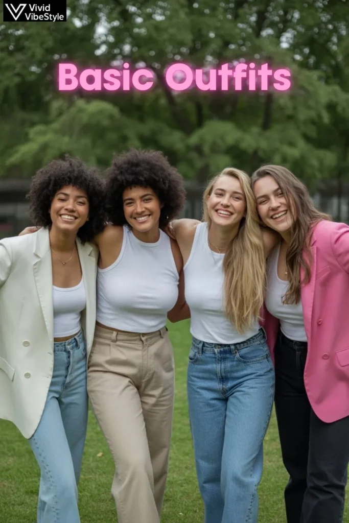 Day-to-night transition of a basic outfit with sneakers swapped for heels and casual top upgraded with a blazer and bold accessories