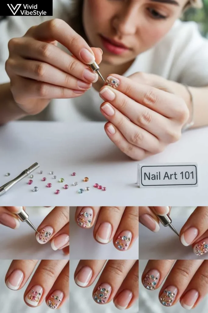 Beginner applying rhinestones to create simple 3D nails with bead accents