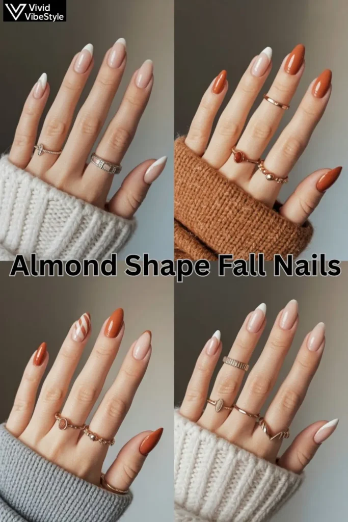 Side-by-side nail shape comparison showing benefits of almond nails for fall with cozy fashion styling.