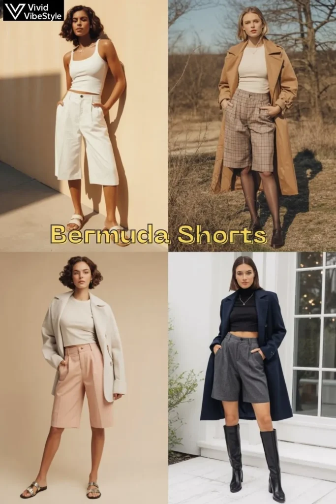 Seasonal Bermuda shorts outfits styled for summer, fall, spring, and winter with layered fashion looks