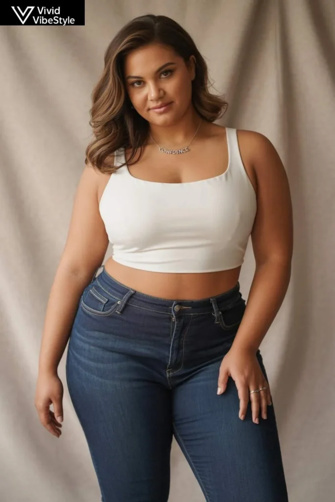 High-waisted jeans and crop top styling for curvy plus size baddie outfits