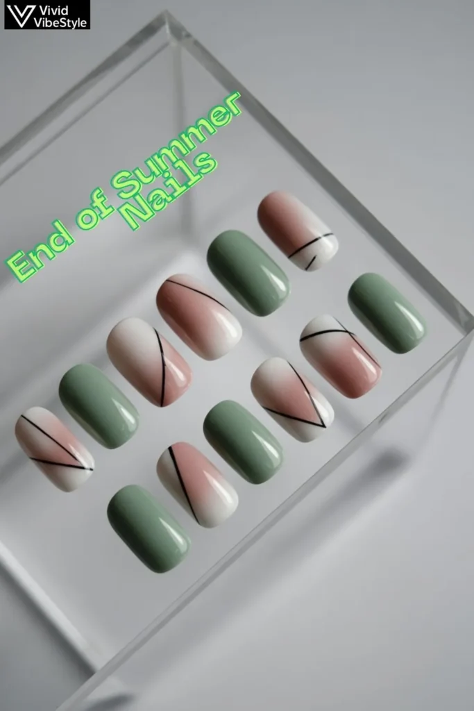 Best end of summer nail art ideas featuring sage green ombré, dusty rose gradients, and minimalist geometric designs