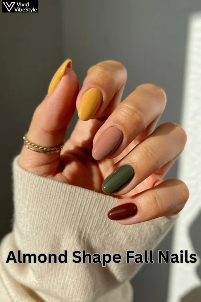 Short almond nails in fall colors like mustard, taupe, forest green, and burgundy showcasing seasonal color options.