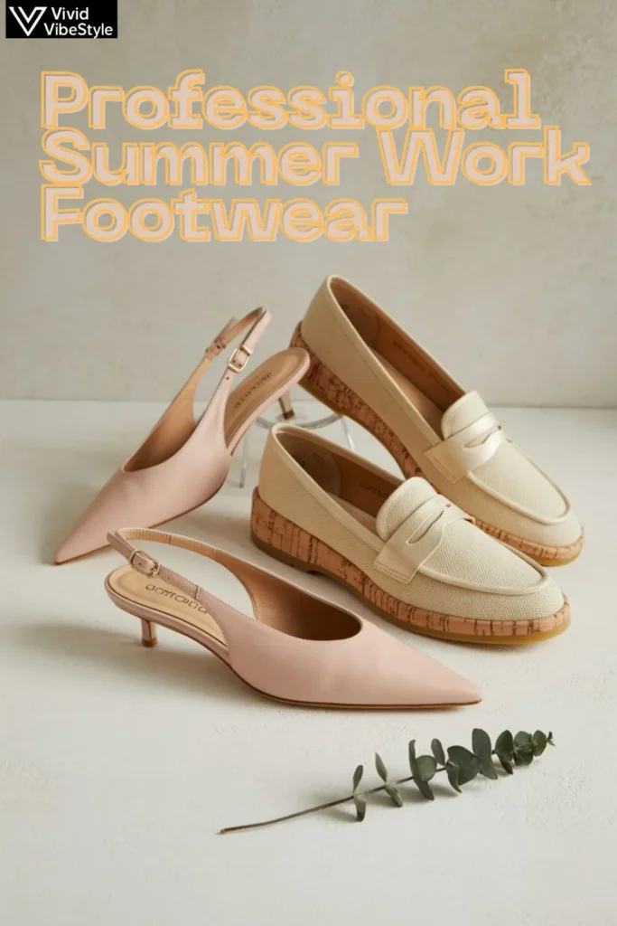 Flat lay of professional summer work footwear including slingbacks, loafers, and breathable flats