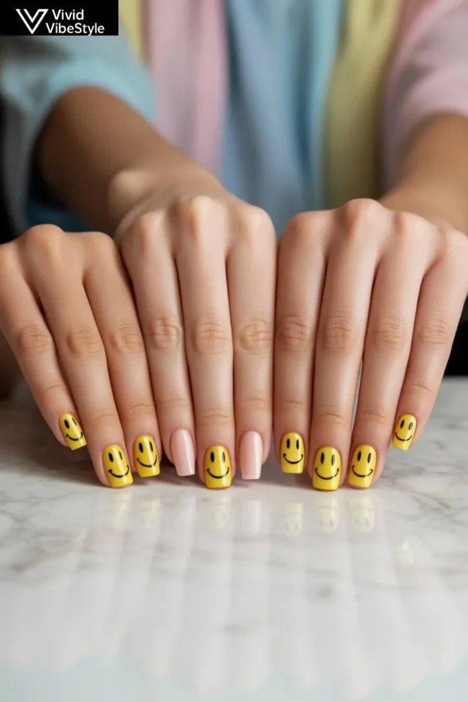Different nail shapes featuring smiley face nail art designs for style comparison