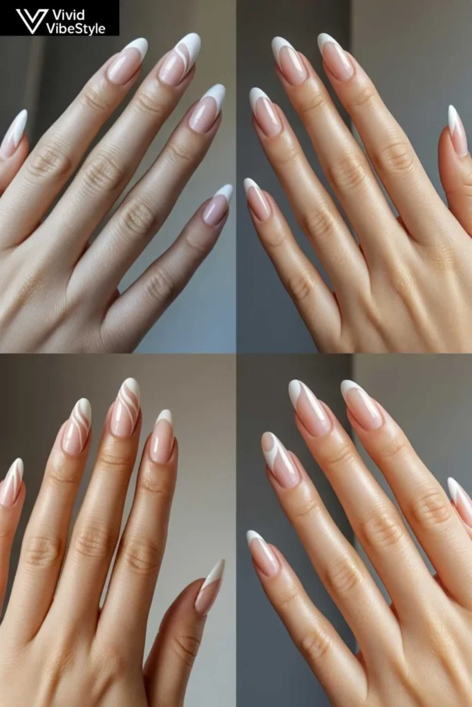 Various nail shapes including oval, almond, square, coffin, and round with swirl nail art designs