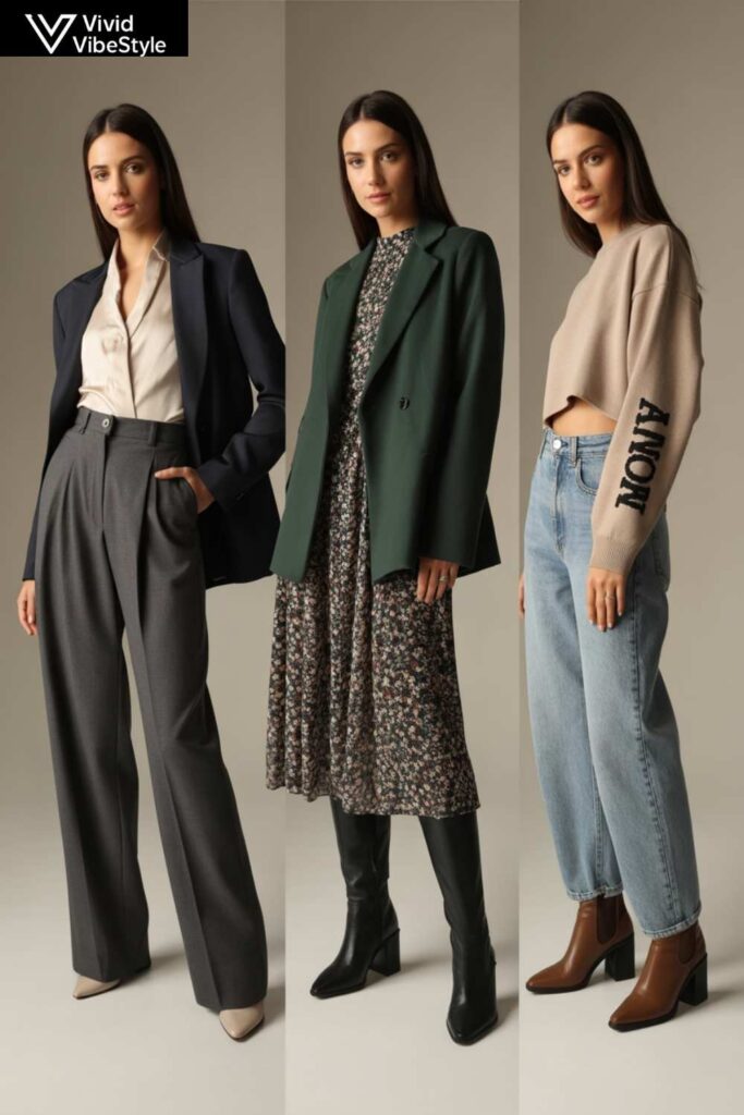Three chic fall outfit combinations for short women featuring cropped and high-waisted pieces