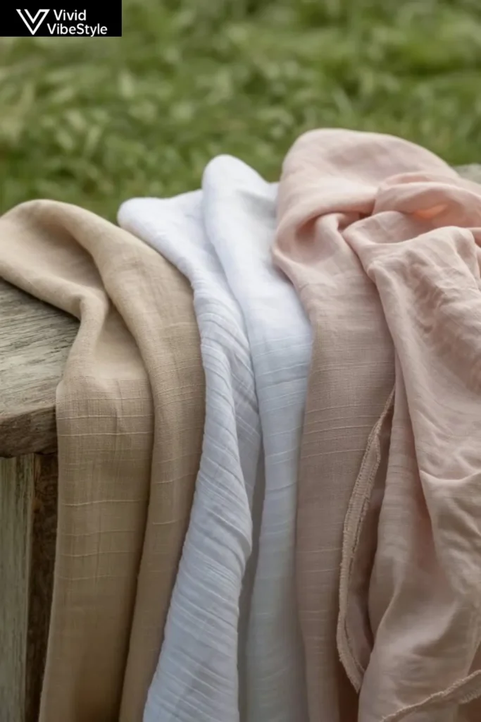 Close-up of linen, cotton, and modal fabrics in pastel tones for breathable cute summer outfits
