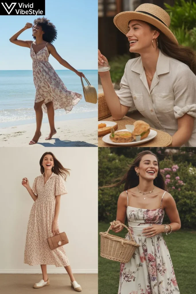 Women in summer outfits styled for the beach, brunch, picnics, and garden parties, showing versatile seasonal dress ideas.