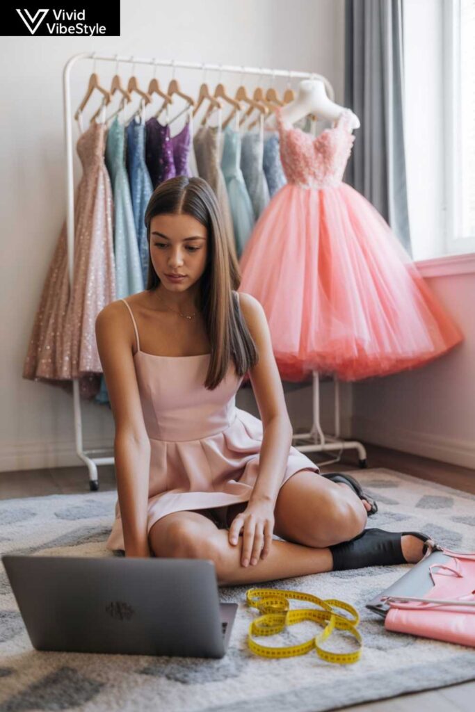Girl shopping online for short homecoming dresses while preparing for fittings and alterations