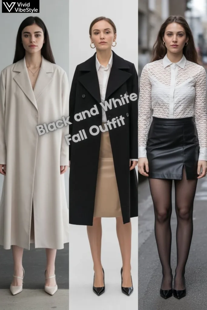 Collage of minimalist, bold, and romantic Black and White Fall Outfits styled for different fall fashion personalities