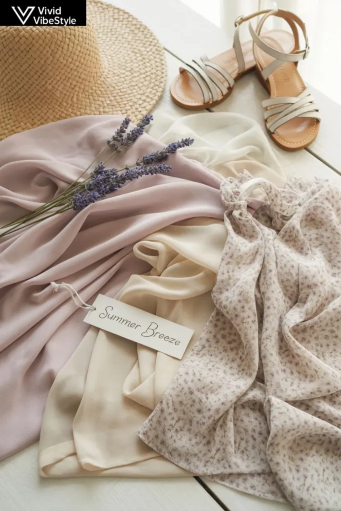 Light fabrics and vibrant prints for summer wedding guest outfits laid out with accessories.