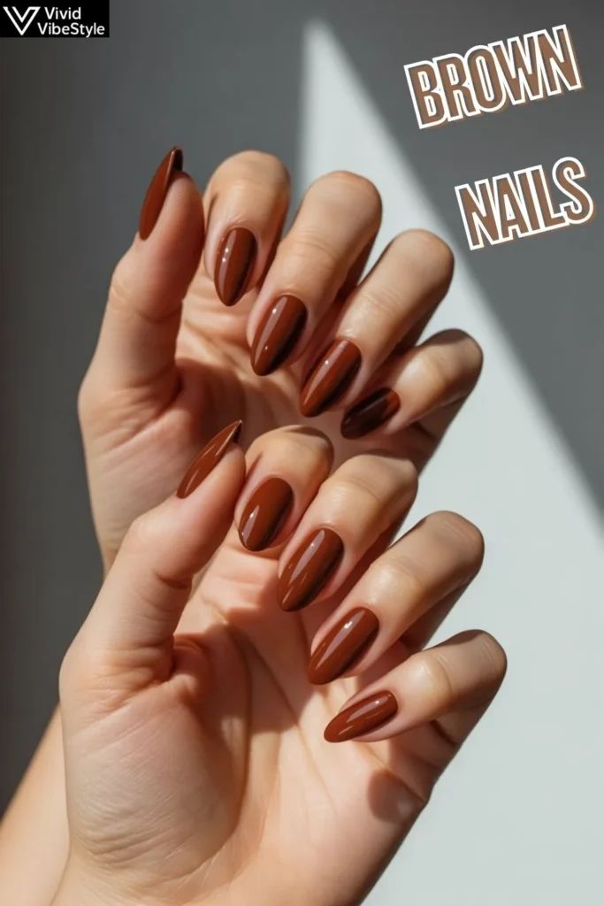 Brown nails across different nail shapes including almond, square, stiletto, and round styles in glossy and matte finishes