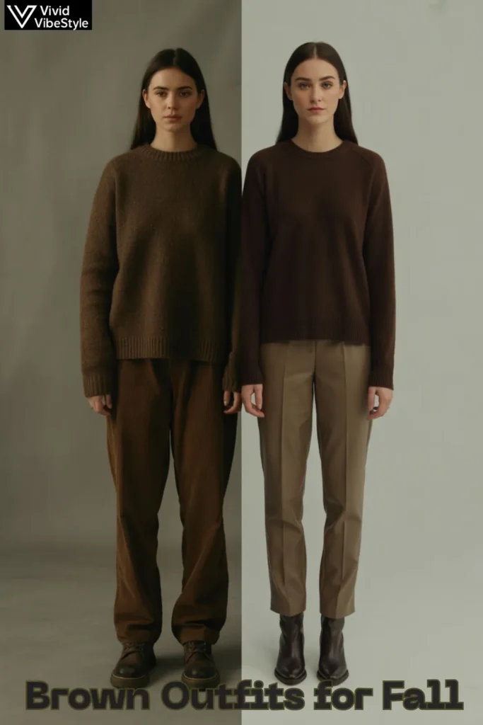 Comparison of poorly styled brown outfit vs well-coordinated fall brown look with texture and balance.