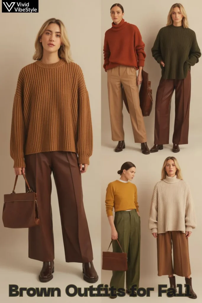 Models wearing brown outfits paired with rust, mustard, green, and cream fall colors.
