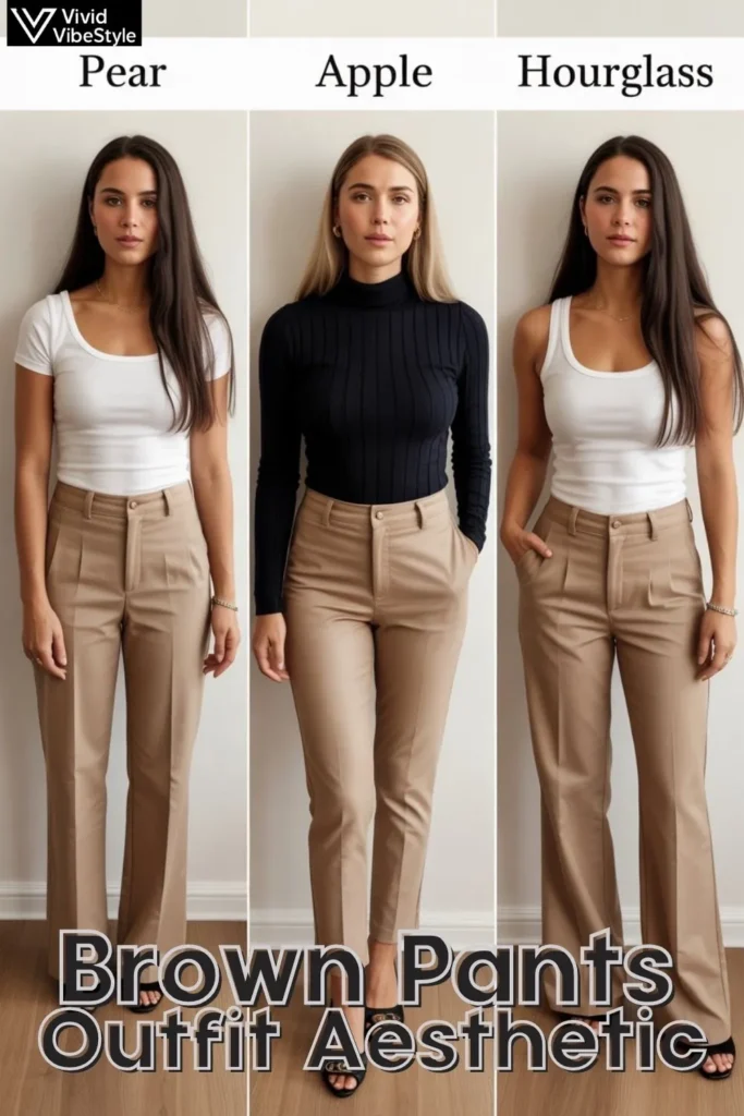 Different body types styled in flattering brown pants outfits, showing tailored trousers for hourglass, wide-leg pants for pear shape, and straight-leg trousers for apple shape