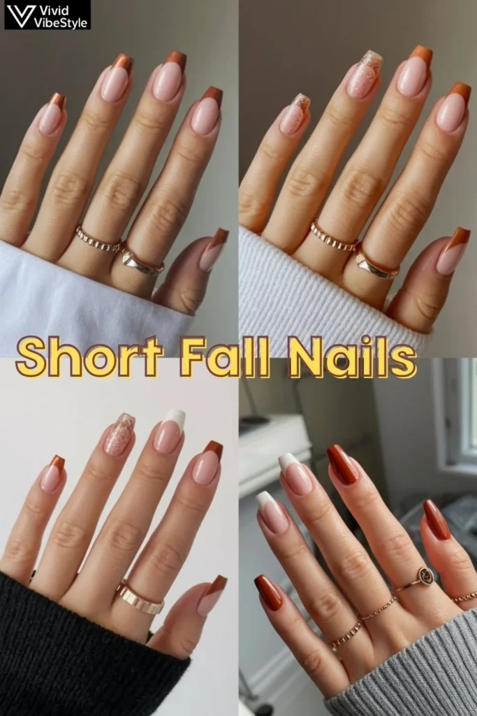 Budget-friendly short fall nails featuring copper French tips, glitter gradients, and two-tone fall color combinations.