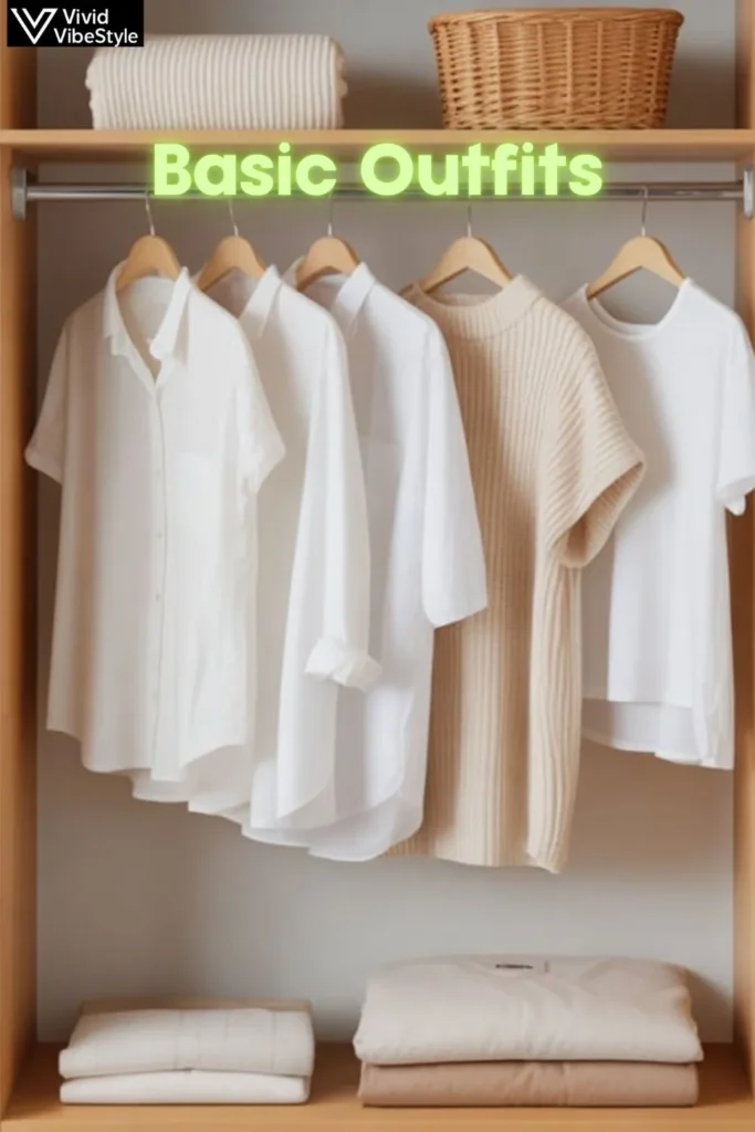 Organized neutral-toned closet with essential basics like white shirts, classic pants, and versatile tops for a capsule wardrobe foundation
