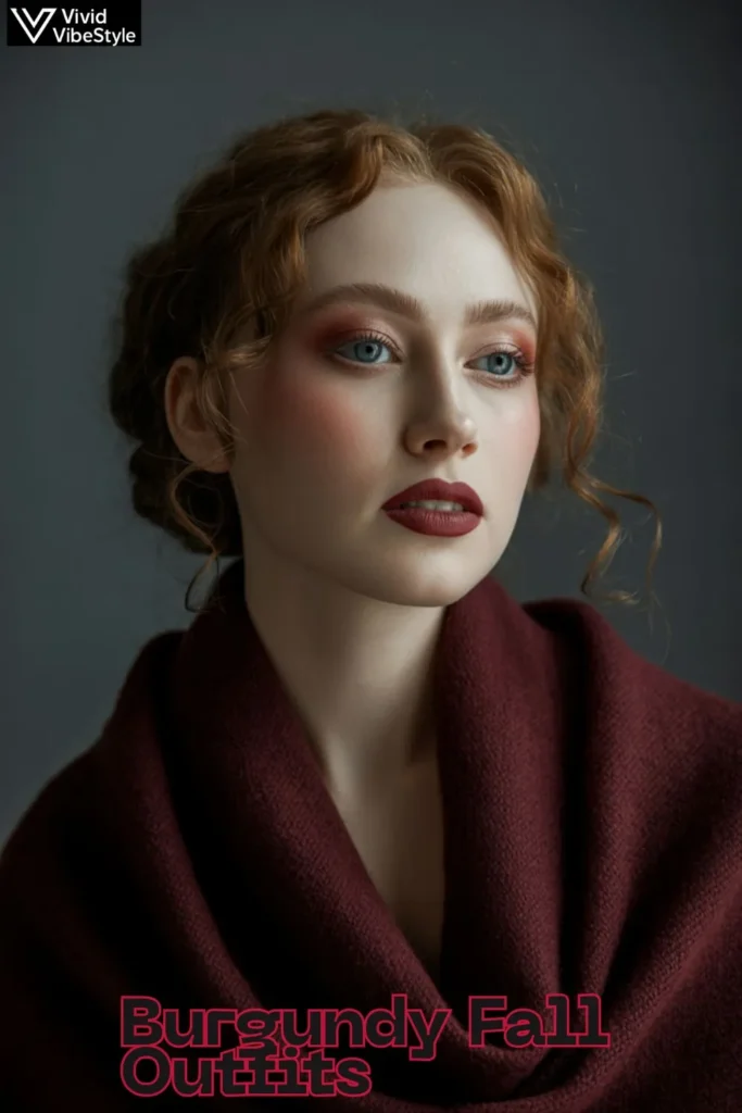 Close-up of fall makeup look with burgundy lipstick and sweater, perfect with burgundy fall outfits.