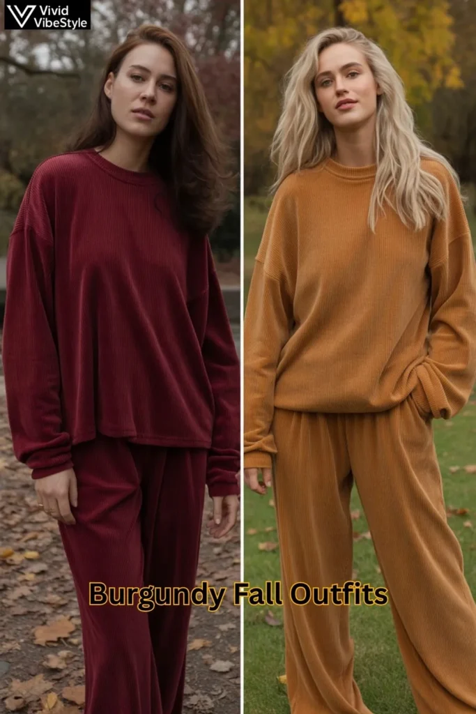 Comparison of burgundy fall outfit vs. traditional fall colors like mustard, showing richer seasonal style.