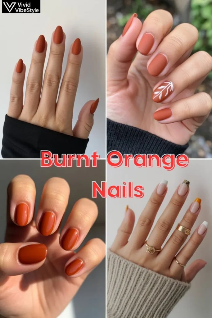 Burnt orange nail art collage showing professional matte nails, playful fall nail art, and elegant French tips with gold