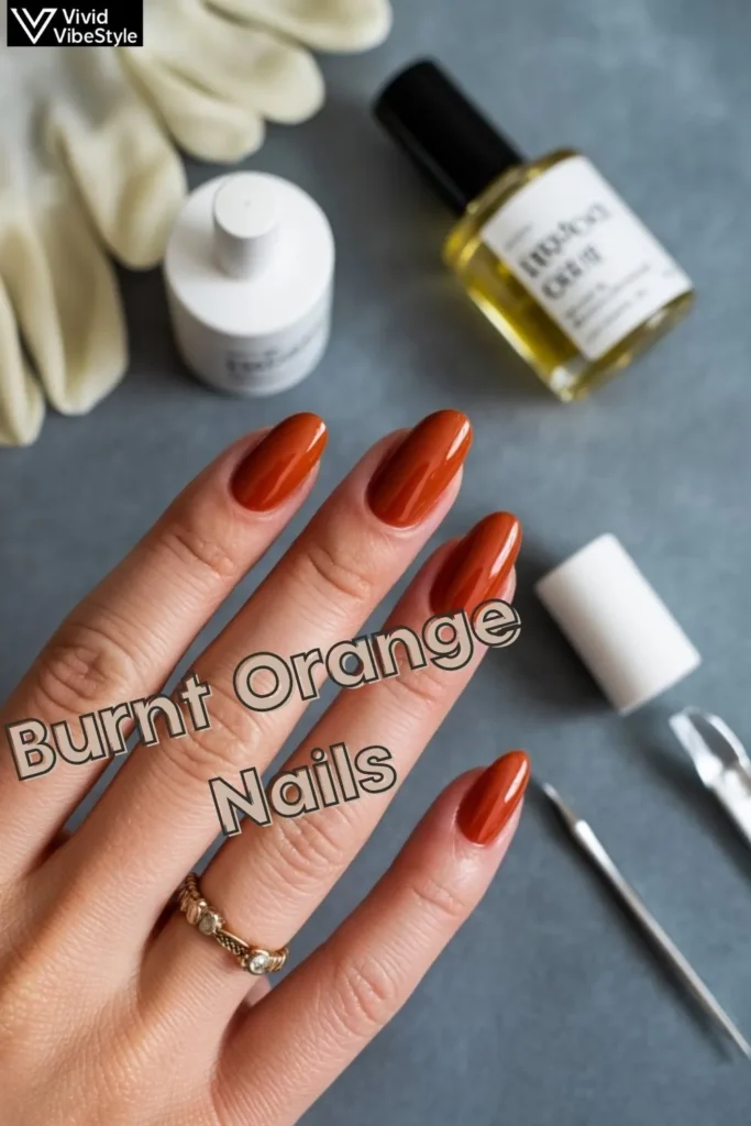 Burnt orange manicure with nail care essentials like cuticle oil, gloves, and top coat for long-lasting nails