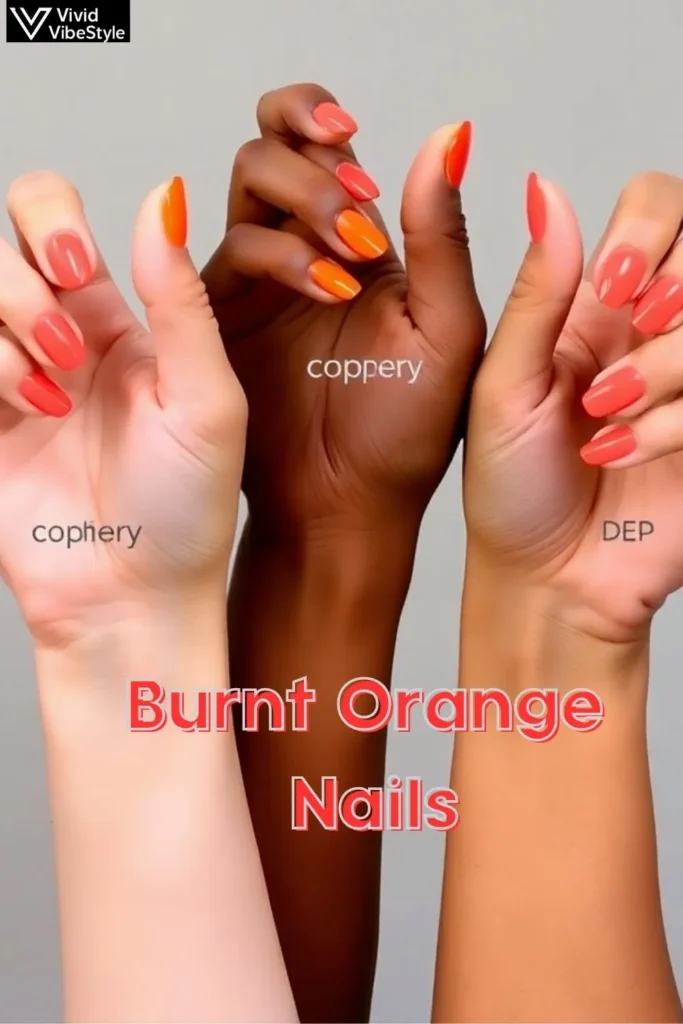 Burnt orange nail shades on light, medium, and dark skin tones showing how the color complements each undertone