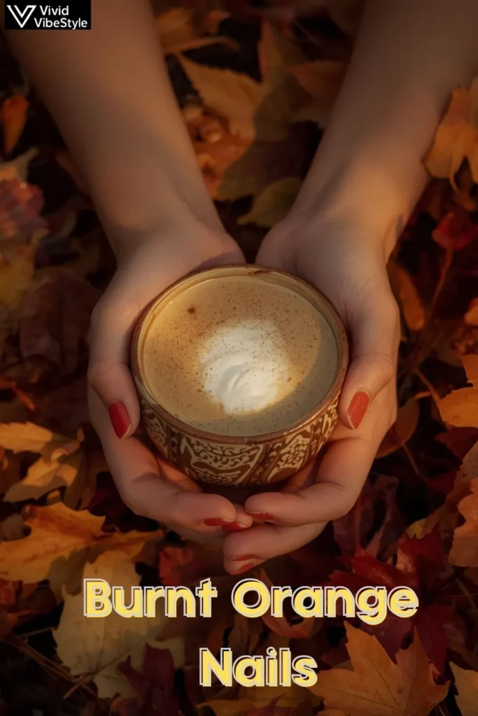 Burnt orange manicure holding a coffee cup in a fall setting, symbolizing warmth and confidence