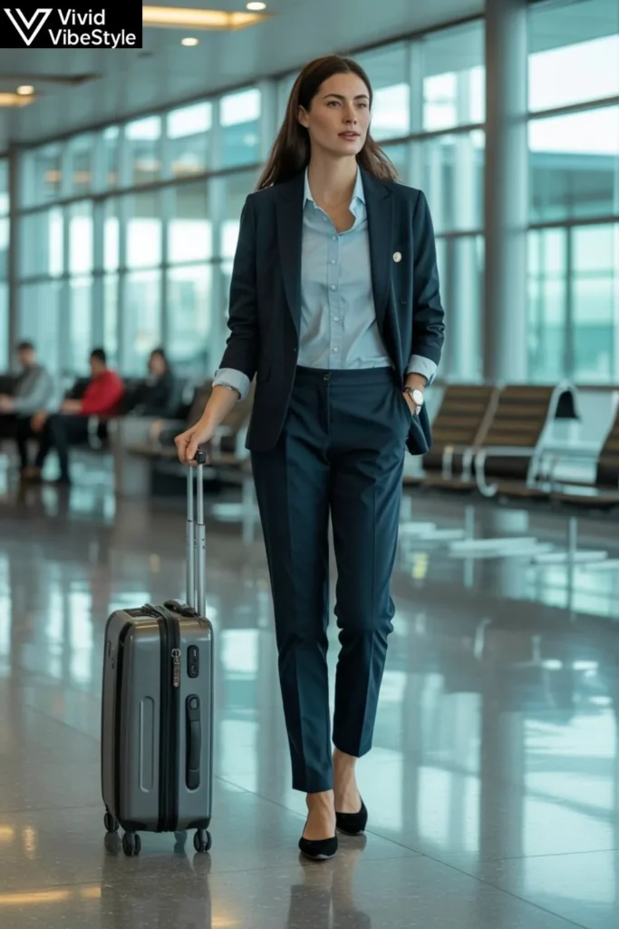 Business travel airport outfit with blazer, tailored pants, and comfortable flats for professional yet comfortable travel.