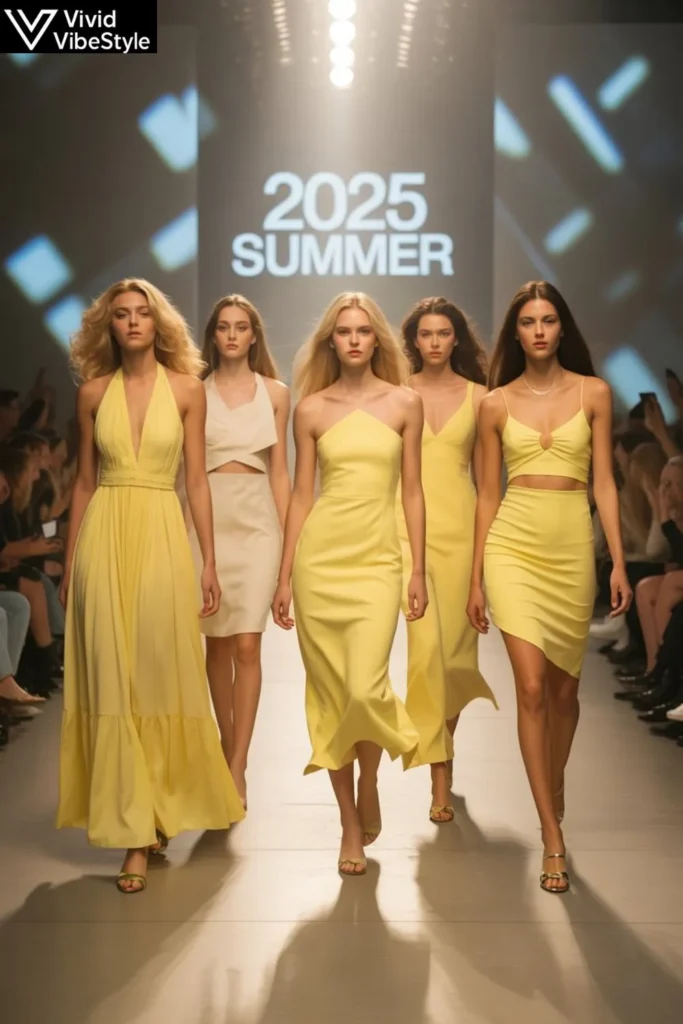 Runway models showcasing butter yellow summer dresses as the color of 2025