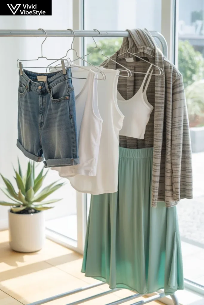Capsule wardrobe essentials for cute summer outfits including denim shorts, tanks, midi skirt, and cardigan