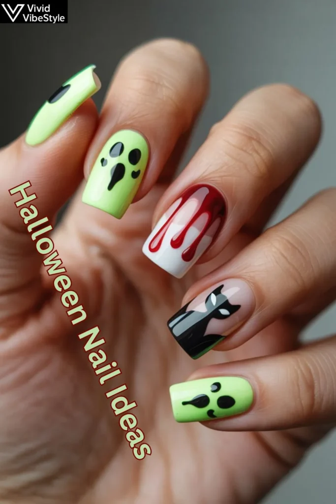 Captivating Halloween nail ideas with glow-in-the-dark ghosts, dripping blood art, and black cat designs.