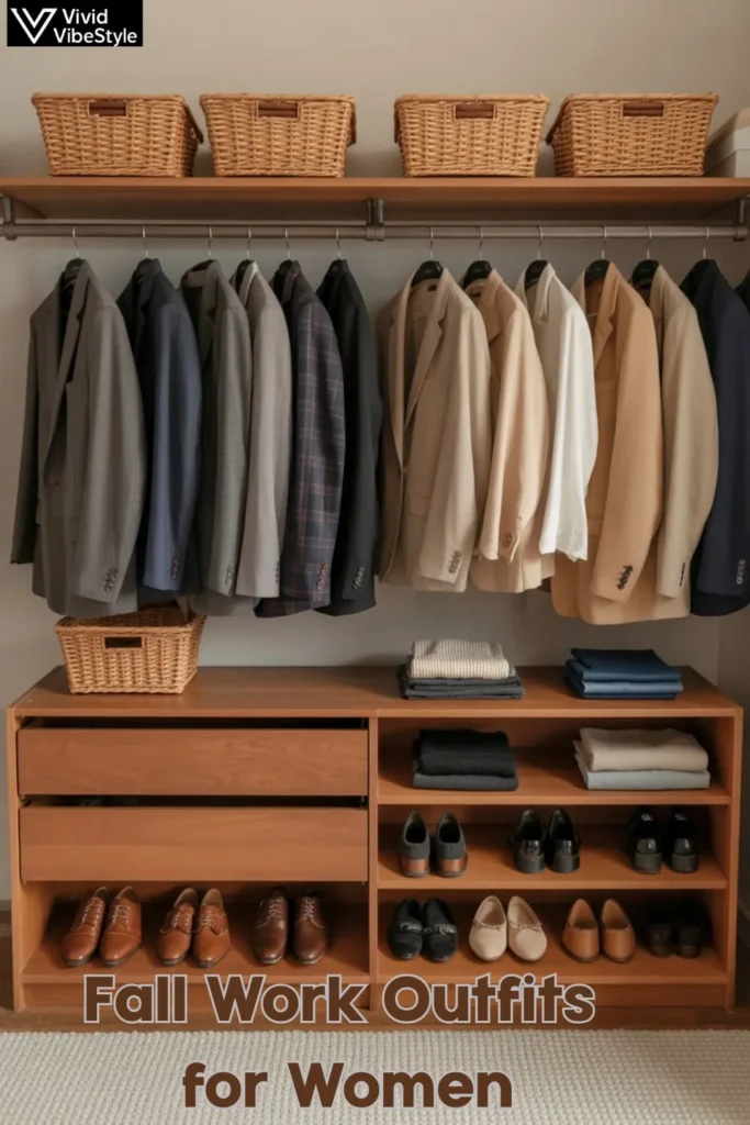 Closet with blazers, sweaters, and fall work outfits for women neatly stored with cedar blocks